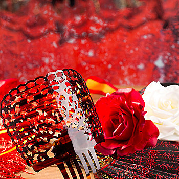 弗拉明戈,扇子,玫瑰,特色,西班牙,红色背景