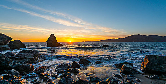 日落,海滩,岩石海岸,旧金山,美国,北美