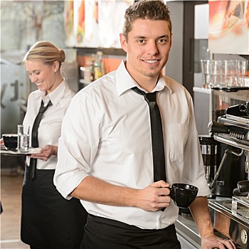 英俊,服务员,制作,咖啡,浓缩咖啡机