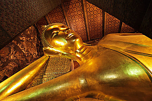 特写,金色,卧佛,庙宇,泰国