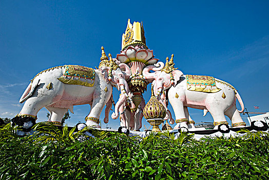 纪念建筑,三个,白色,神话,大象,塑像,道路,曼谷,泰国,亚洲