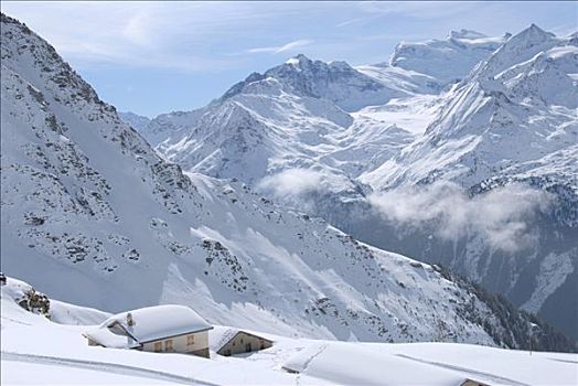 积雪,山区木屋,冬天,瓦莱,瑞士