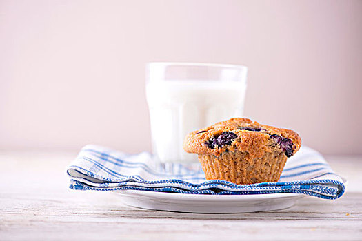 蓝莓松饼,牛奶杯