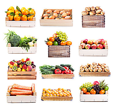 多样,果蔬,木盒,白色背景,背景