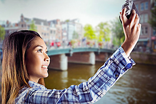 合成效果,图像,微笑,亚洲女性,照相,摄影,运河,阿姆斯特丹