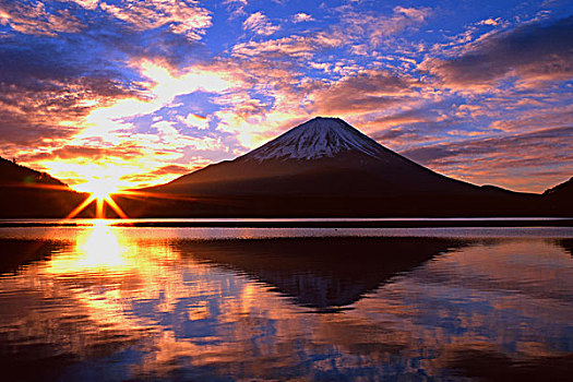 山,富士山,湖,日出