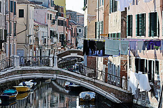 桥,上方,洗,晾衣绳,房子,运河,威尼斯,威尼托,意大利,欧洲