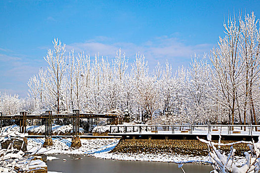 覆盖着厚厚的白雪的湖边观景平台