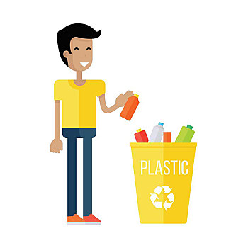 垃圾,再循环,概念,男孩,黄色,t恤,蓝色,短裤,室外,再生,垃圾箱,塑料制品,分类,不同,环保