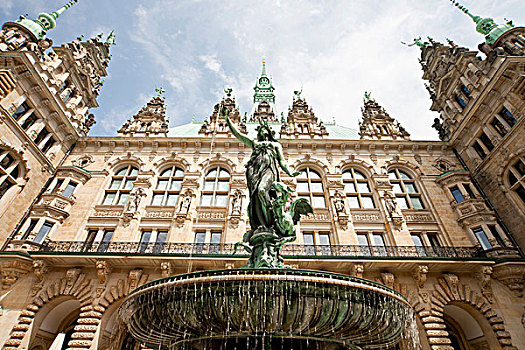 喷泉,院落,市政厅,德国,欧洲