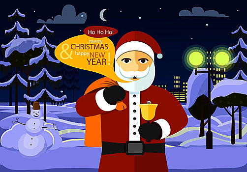 圣诞快乐,新年快乐,圣诞老人,树林,白色,地点,夜晚,城市,背景,暗色,公寓楼,星,月亮,冬天,天空,矢量,插画