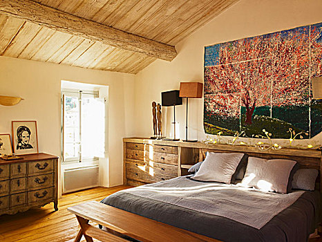 大,绘画,樱桃树,后面,床,简单,现代,卧室