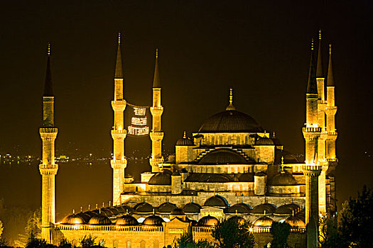 中东,土耳其,城市,伊斯坦布尔,蓝色清真寺,晚上,亮光
