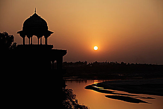 日落,上方,泰姬陵,河,印度
