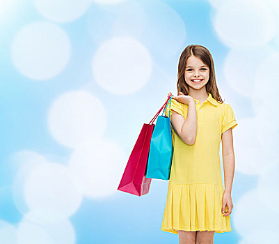 购物,高兴,人,概念,微笑,小女孩,黄色,服装,购物袋