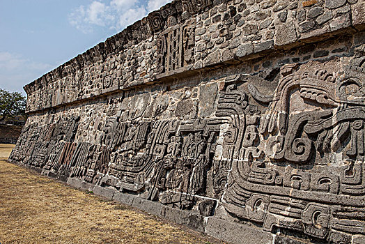墨西哥,莫雷洛斯,前哥伦布时期,场所,羽毛,毒蛇,金字塔,特写,浅浮雕,霍齐卡尔科,世界遗产
