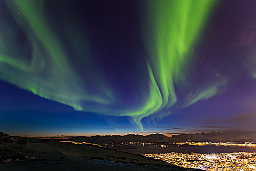 北极光,上方,特罗姆瑟,风景,山,挪威,欧洲