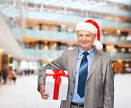商务,圣诞节,礼物,人,概念,微笑,老人,套装,圣诞老人,帽子,上方,购物中心,背景