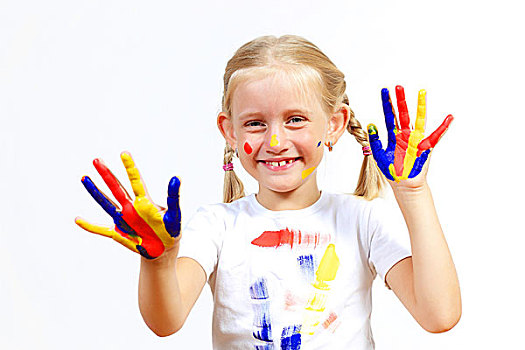 小,孩子,涂绘,彩色,颜料,就绪,手,印记