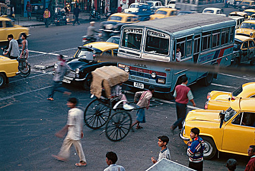 一个,男人,人力车,忙碌,道路,加尔各答,城市,印度