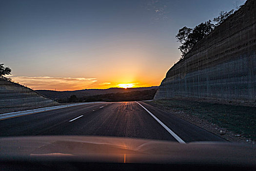日落,俯视,上方,德克萨斯,公路,美国