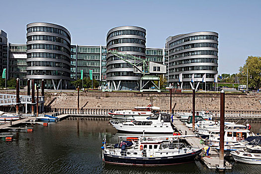 现代,办公室,建筑,五个,船,码头,杜伊斯堡,港口,区域,北莱茵威斯特伐利亚,德国,欧洲