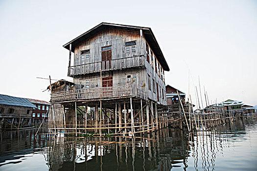 房子,室外,水,木质,掸邦,缅甸
