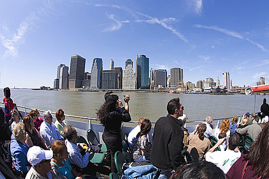 游客,赞赏,下曼哈顿,太阳,阳光,蓝天,圆,线条,渡轮,旅游,纽约,美国,北方