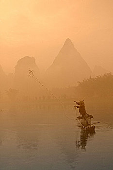 渔民,竹子,筏子,漓江,早晨,雾气,阳朔,广西,中国