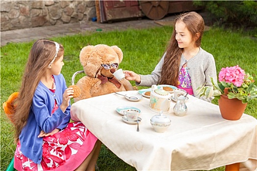 女孩,茶会,泰迪熊,院子