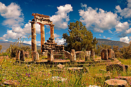 多利安式,柱子,圆形建筑物,雅典娜,特尔斐城,遗迹,希腊,欧洲