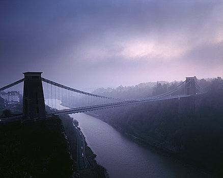 英格兰,克利夫顿,吊桥,上方,爱汶河,冬天,雾,日落