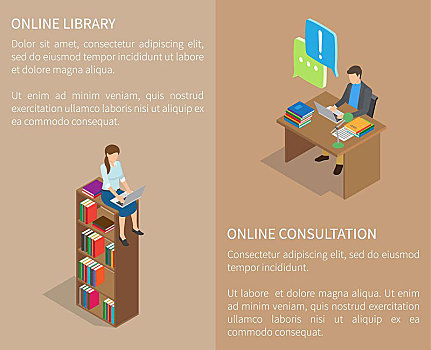 上网,图书馆,模版,海报,女孩,坐,架子,笔记本电脑,男人,桌子,交谈,互联网