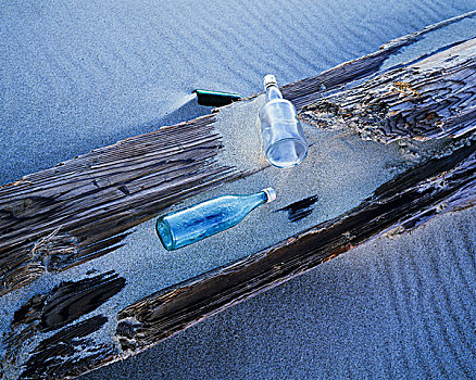 玻璃瓶,洗,岸边,海滩,温彻斯特,湾,俄勒冈,美国