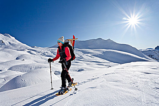 雪鞋,远足者,攀登,山,高处,白云岩,省,意大利,欧洲