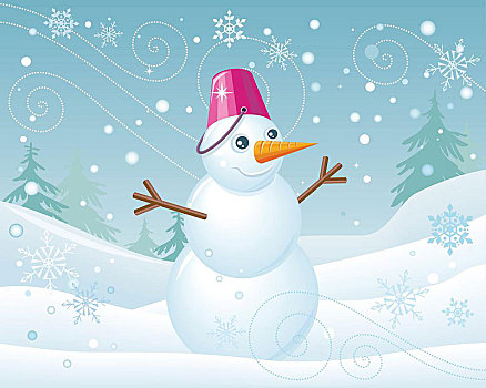 雪人,粉色,桶,圣诞节,风景,隔绝,背景,寒假,概念,设计,卡通,制作,奇景,冬天,场景,矢量,插画,风格