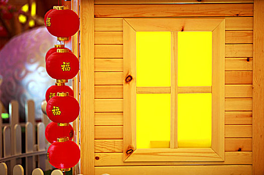 红灯笼木制房子窗户节日