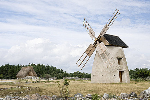 历史,风车,房子,芦苇,屋顶,岛屿,哥特兰岛,瑞典
