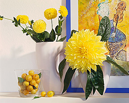 黄色,大丽花,花瓶,李子,玻璃