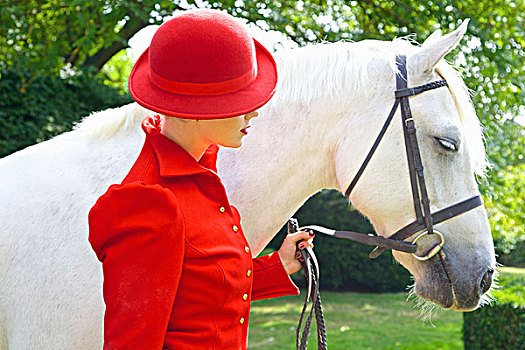 女人,红色,骑马,装束,马