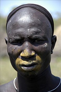 男人,莫西部落,嘴,涂绘,黄色,金卡,埃塞俄比亚,非洲