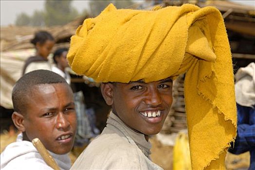 微笑,男孩,大,黄色,缠头巾,市场,埃塞俄比亚