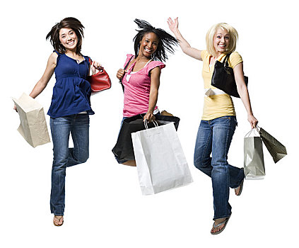 三个女人,购物袋,微笑,跳跃