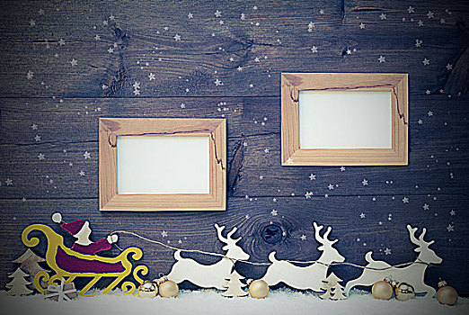 旧式,圣诞老人,雪撬,雪花,留白,两个,框