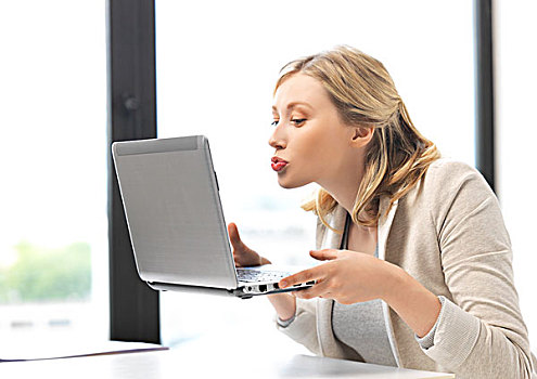 女人,笔记本电脑,吻,显示屏