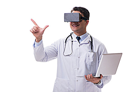 医生,戴着,虚拟现实,眼镜,白色背景,耳机,隔绝,背景