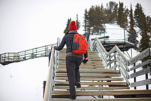 远足,向上,楼梯,积雪,风景,班芙,加拿大