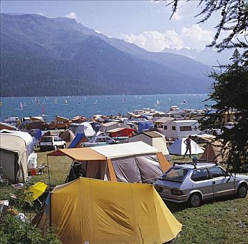 露营,场所,湖,山峦,风帆冲浪者,夏天,休假,瑞士,欧洲