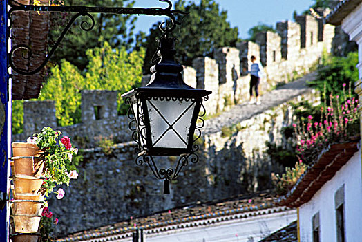 葡萄牙,奥比都斯,铁,路灯,14世纪,墙壁,围绕,山,城镇