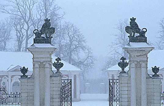 雪,狮子,雕塑,保护,入口,宫殿,拉脱维亚